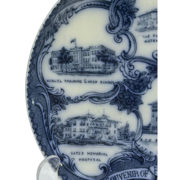 Wheelock England Flow Blue Picturesque Port Arthur Texas Vintage Souvenir Plate - Picture 2 of 7
